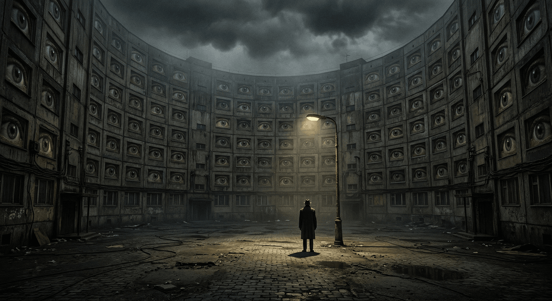 Soviet-era surveillance imagery juxtaposed with modern digital monitoring